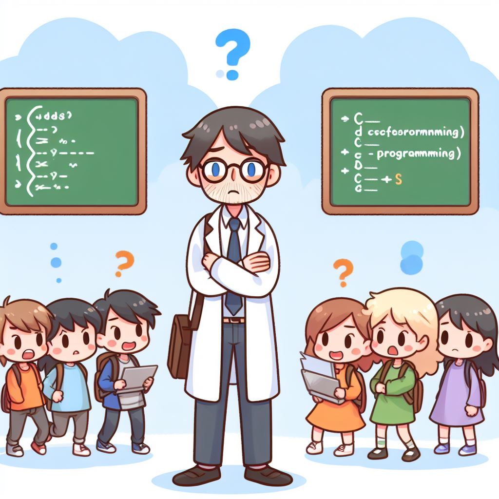 子どもたちにプログラミングを学んでもらうか,学んでもらうか,どちらかで悩んでいる科学者のイラスト, programming studies theory